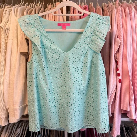 Lilly Pulitzer Aqua Blue Eyelet Ruffle V-Neck Lina Top - Picture 2 of 4